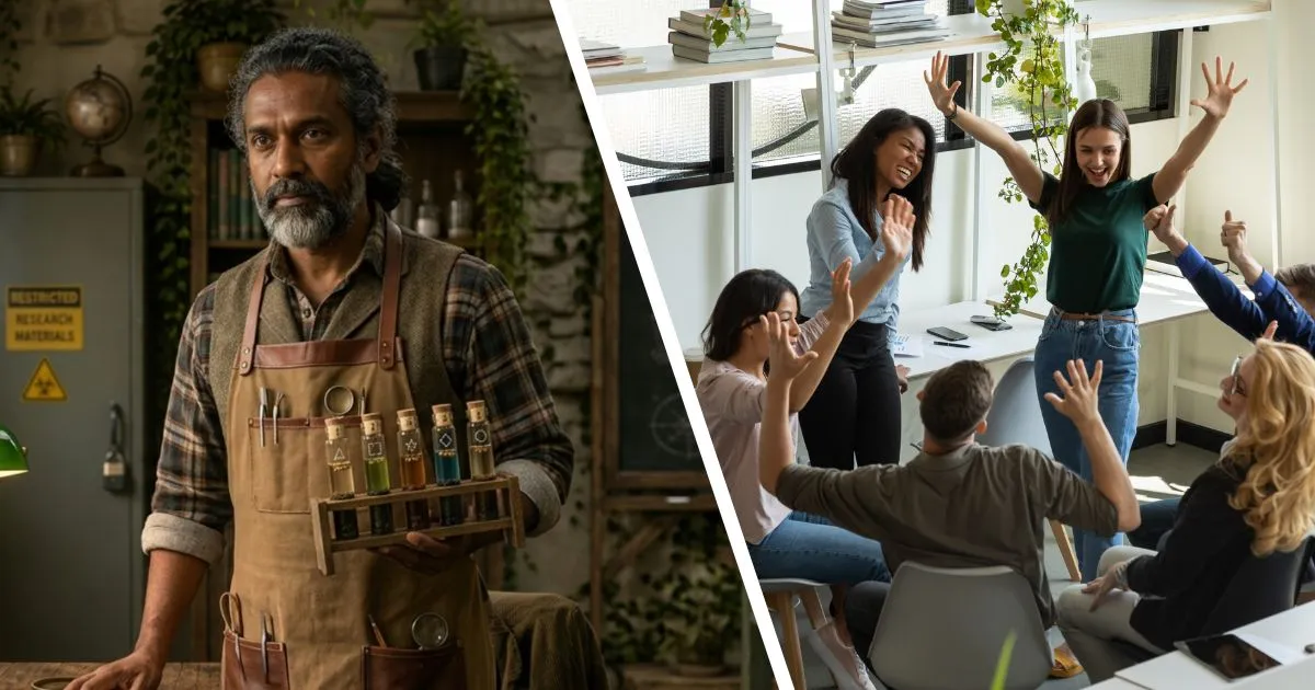 Two images from Indoor Escape: The Hidden Lab: a scientist in a leather apron holding a rack of coloured test tubes in a plant-filled lab, and colleagues in a bright office cheering with their arms raised