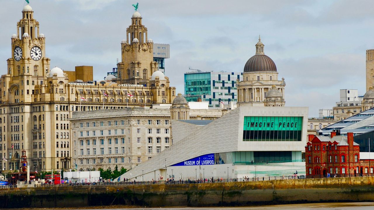Liverpool waterfront with the Royal Liver Building and Museum of Liverpool