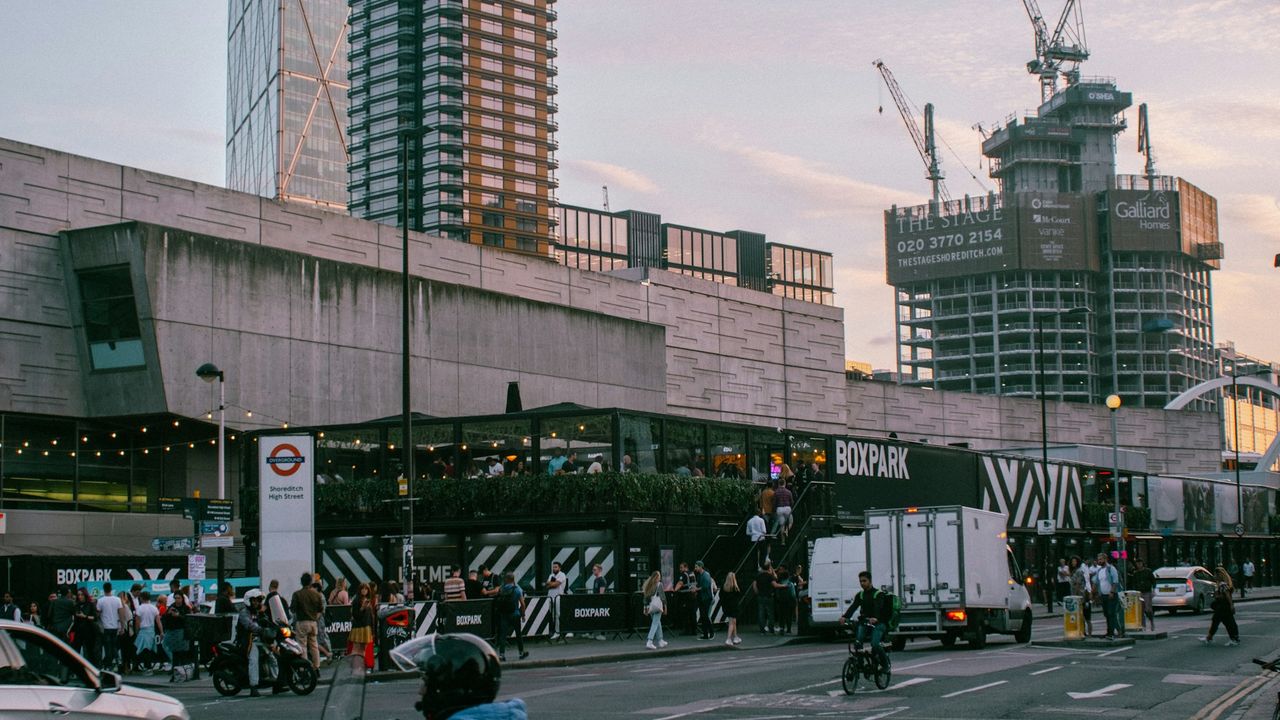 Boxpark and Shoreditch High Street in east London at dusk