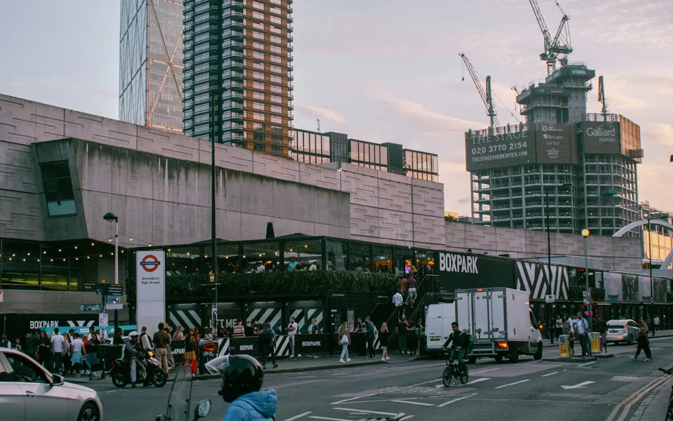 Boxpark and Shoreditch High Street in east London at dusk