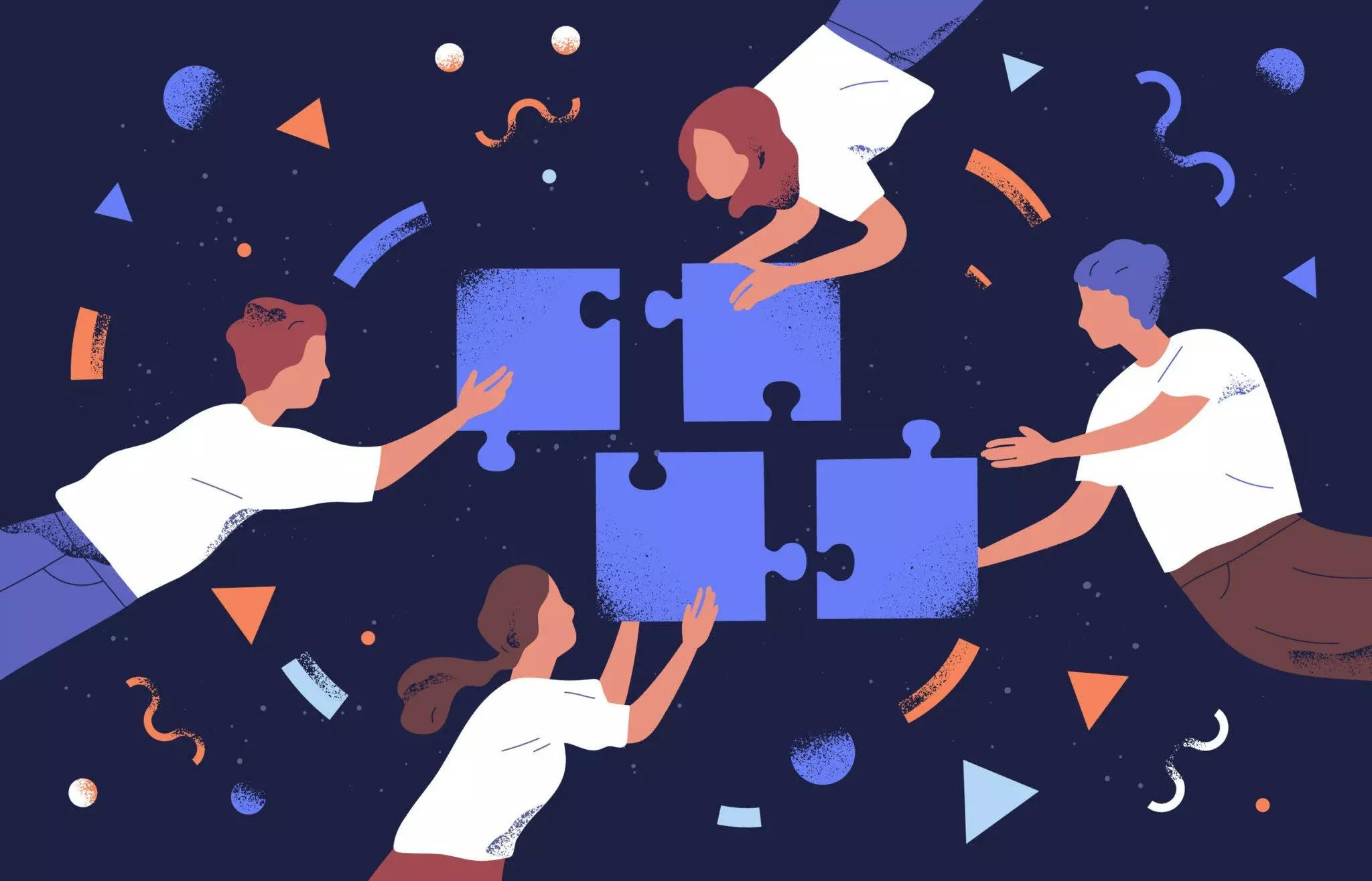 Een gestileerde vectorillustratie van vier mensen die zweven tegen een donkerblauwe achtergrond en samenwerken om vier grote blauwe puzzelstukken in elkaar te zetten.