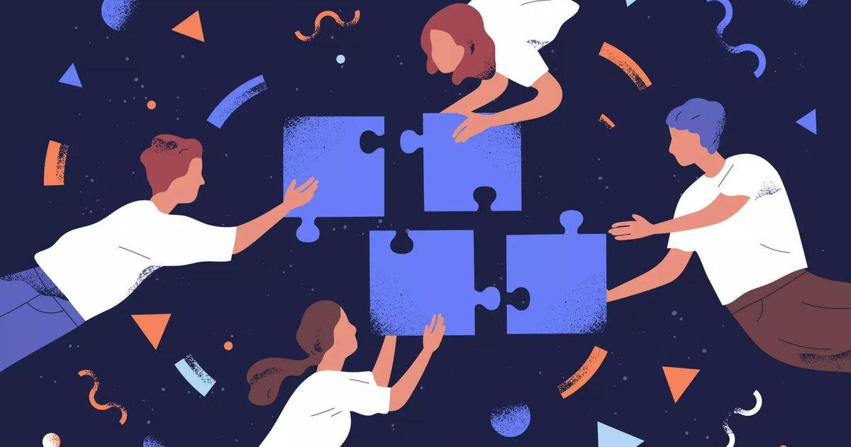 A stylized vector illustration of four people floating against a dark blue background, collaborating to assemble four large blue puzzle pieces.