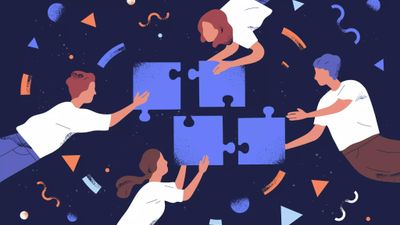 A stylized vector illustration of four people floating against a dark blue background, collaborating to assemble four large blue puzzle pieces.