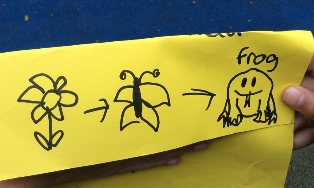 A yellow sheet of paper with childlike drawings: a flower, an arrow pointing to a butterfly, and another arrow pointing to a frog, shown as part of a team building activity task.