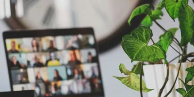 A laptop on a desk showing a video call grid of participants, slightly out of focus behind a green houseplant in a white pot, with a large wall clock in the background.