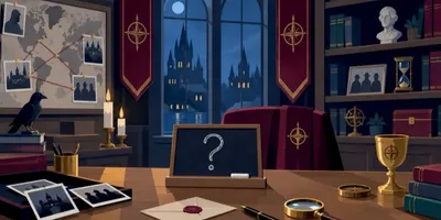 Ein illustriertes Arbeitszimmer bei Nacht mit einer Burg vor dem Fenster, einer Tafel mit einem Fragezeichen, einem Umschlag mit Wachssiegel, einer Lupe und angepinnten Fotos schattenhafter Gestalten.
