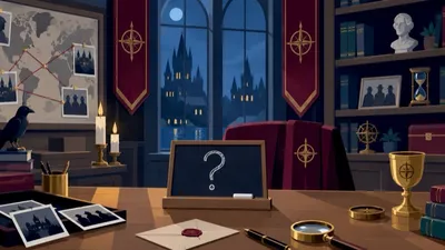 An illustrated study at night with a castle through the window, a chalkboard showing a question mark, a wax-sealed envelope, a magnifying glass and pinned photos of shadowy figures.