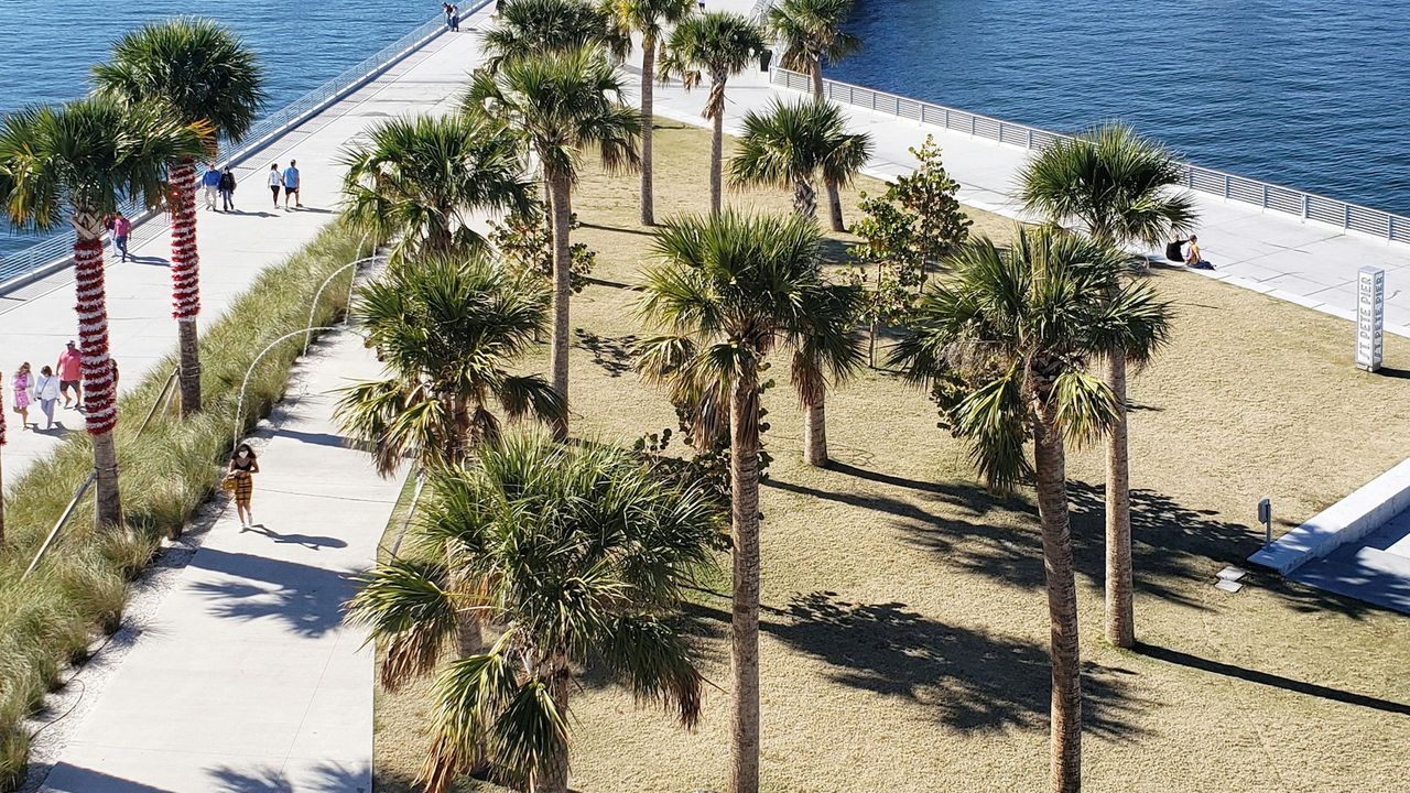 St. Pete Pier and waterfront with palm trees and downtown St. Petersburg