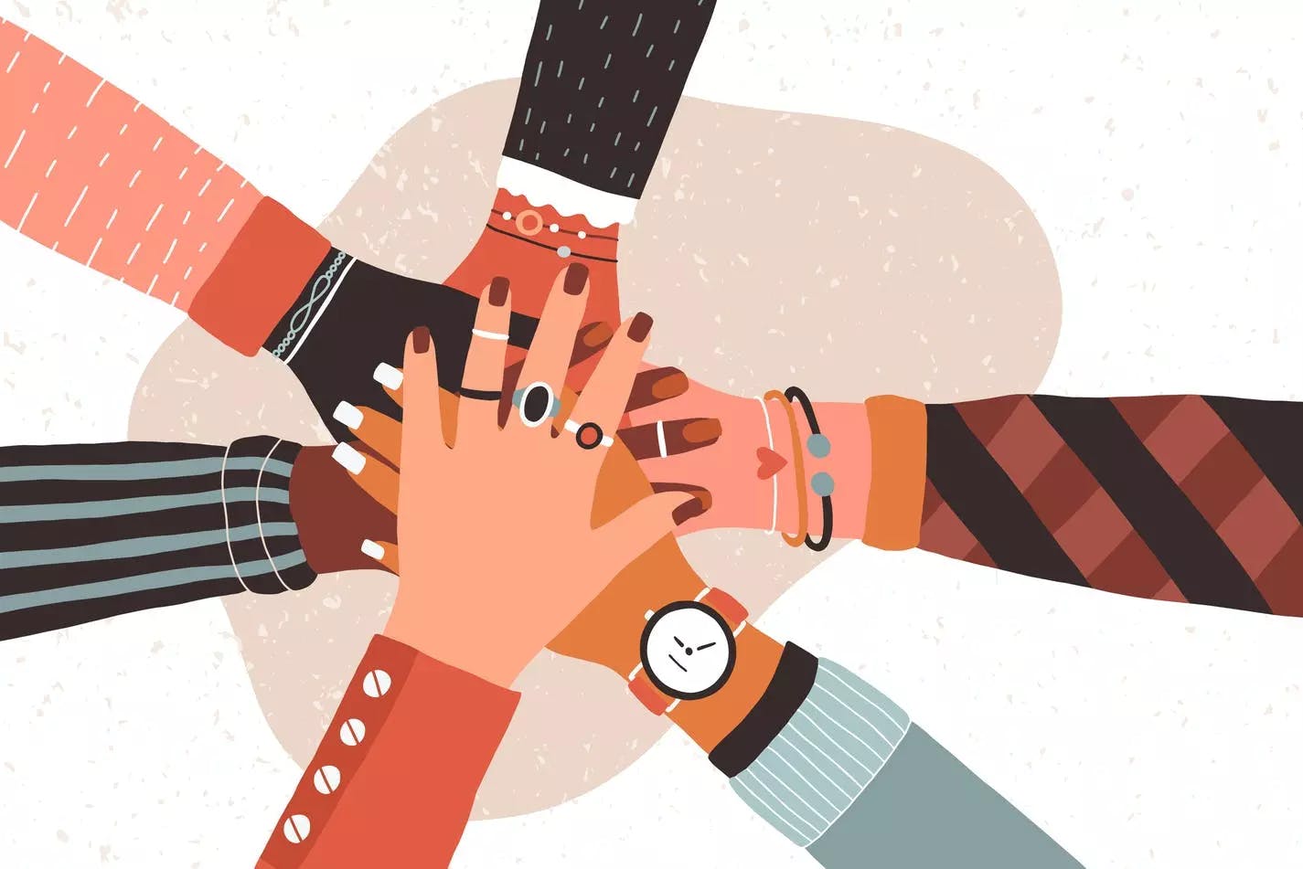 Une illustration vectorielle plane représentant des mains diverses empilées au centre, symbolisant l'unité, la collaboration et le travail d'équipe.
