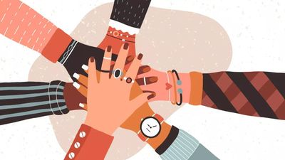 A flat vector illustration of diverse hands stacked together in the center, representing unity, collaboration, and teamwork.