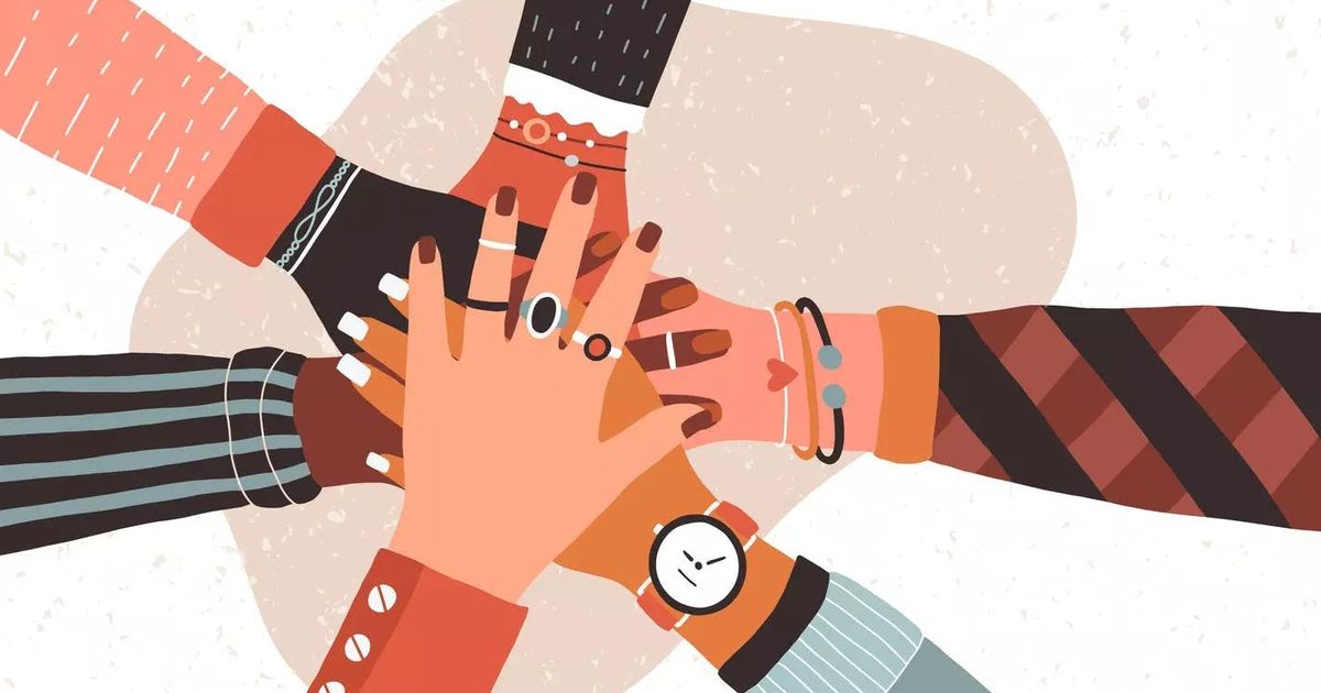 A flat vector illustration of diverse hands stacked together in the center, representing unity, collaboration, and teamwork.
