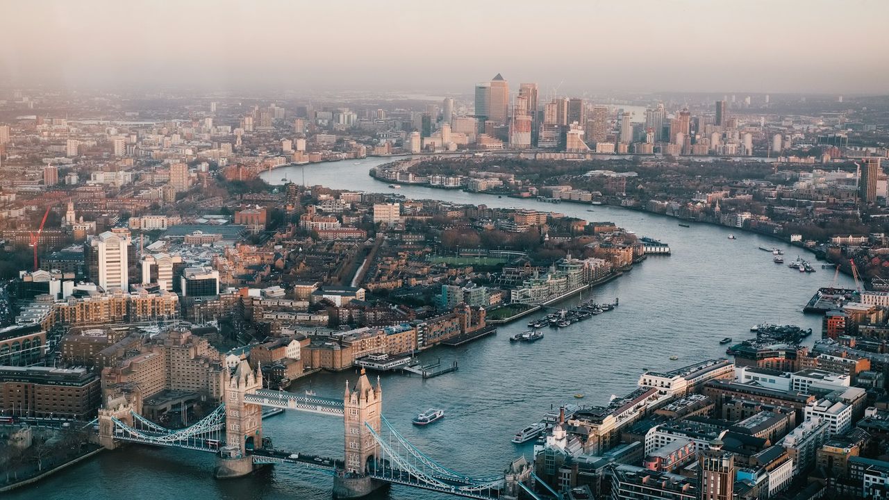 Aerial view of Tower Bridge, the River Thames and the London skyline