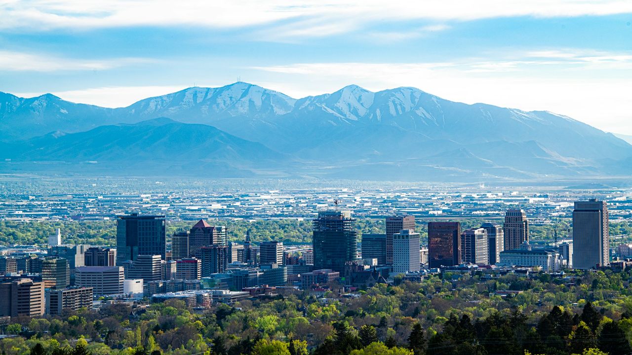 Salt Lake City skyline with the Wasatch Mountains in the background