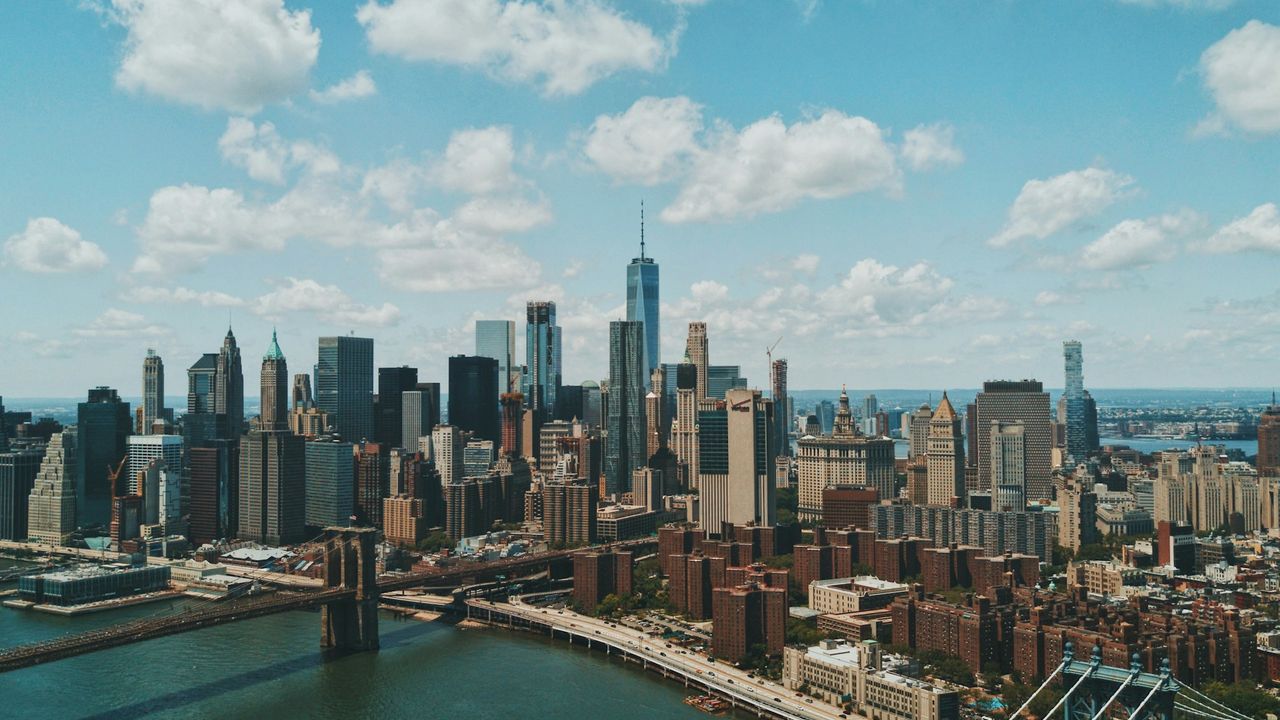 New York City skyline and bridges viewed across the East River