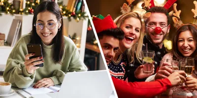 Gesplitste foto van een lachende vrouw in een groene trui die op haar telefoon en laptop meedoet aan een online activiteit aan een feestelijk versierd bureau, naast een groep collega's met rendiergeweien en kersttruien die het glas heffen op een feest.