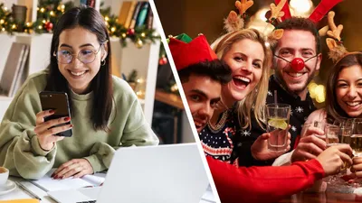 Split image of a smiling woman in a green jumper joining a virtual activity on her phone and laptop at a festive desk, beside a group of colleagues in reindeer antlers and Christmas jumpers raising drinks at a party.