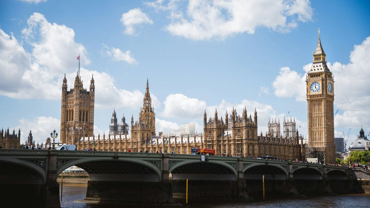 Houses of Parliament and Big Ben viewed across Westminster Bridge