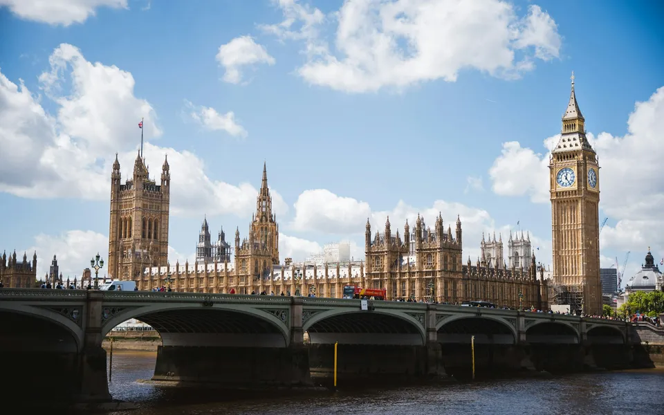 Houses of Parliament and Big Ben viewed across Westminster Bridge