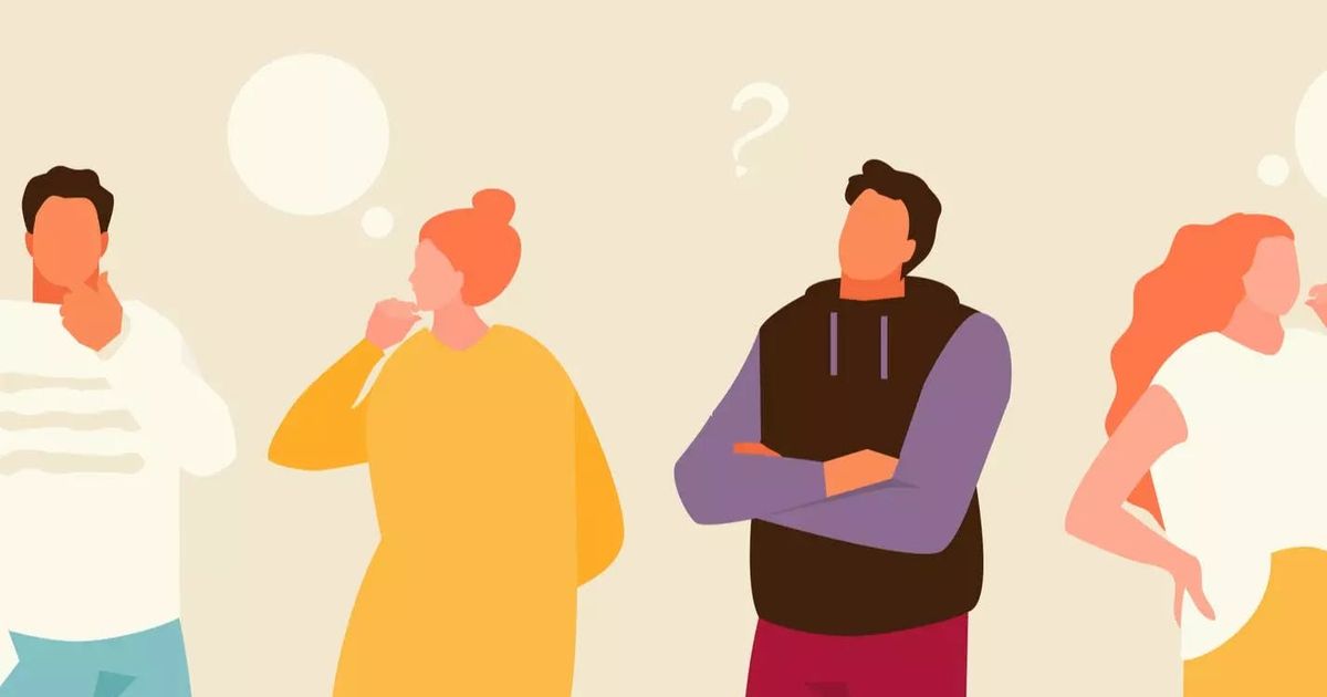 A flat vector illustration of four diverse people standing in a row, looking thoughtful or confused with blank speech bubbles and a question mark floating above them.