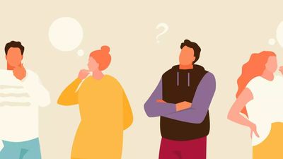 A flat vector illustration of four diverse people standing in a row, looking thoughtful or confused with blank speech bubbles and a question mark floating above them.