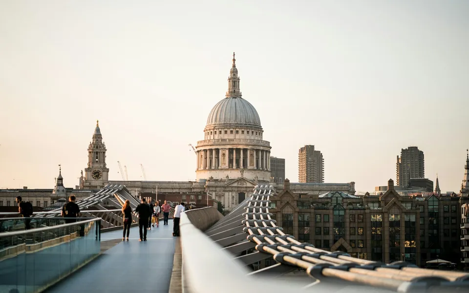 St Paul's Cathedral viewed from the Millennium Bridge in the City of London