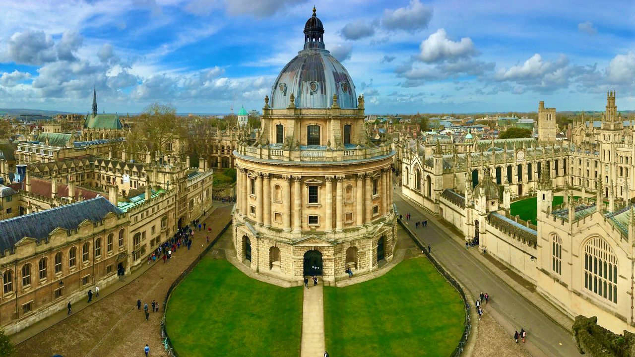 Aerial view of Oxford's Radcliffe Camera and historic university buildings