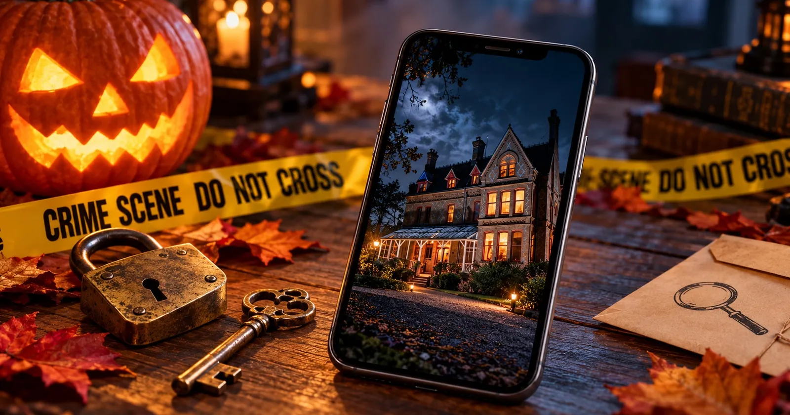 Ein Smartphone mit einem beleuchteten Herrenhaus bei Nacht auf einem Holztisch, umgeben von einem leuchtenden Halloween-Kürbis, Absperrband, einem alten Vorhängeschloss mit Schlüssel, einem Umschlag mit Lupe und Herbstlaub.