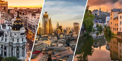 A three-panel split image of three European city skylines at sunset, showing the Metropolis building on Madrid’s Gran Vía, the skyscrapers of the City of London, and the riverside old town of Luxembourg.
