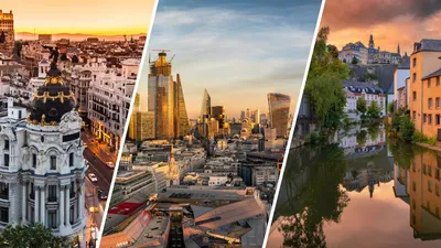A three-panel split image of three European city skylines at sunset, showing the Metropolis building on Madrid’s Gran Vía, the skyscrapers of the City of London, and the riverside old town of Luxembourg.