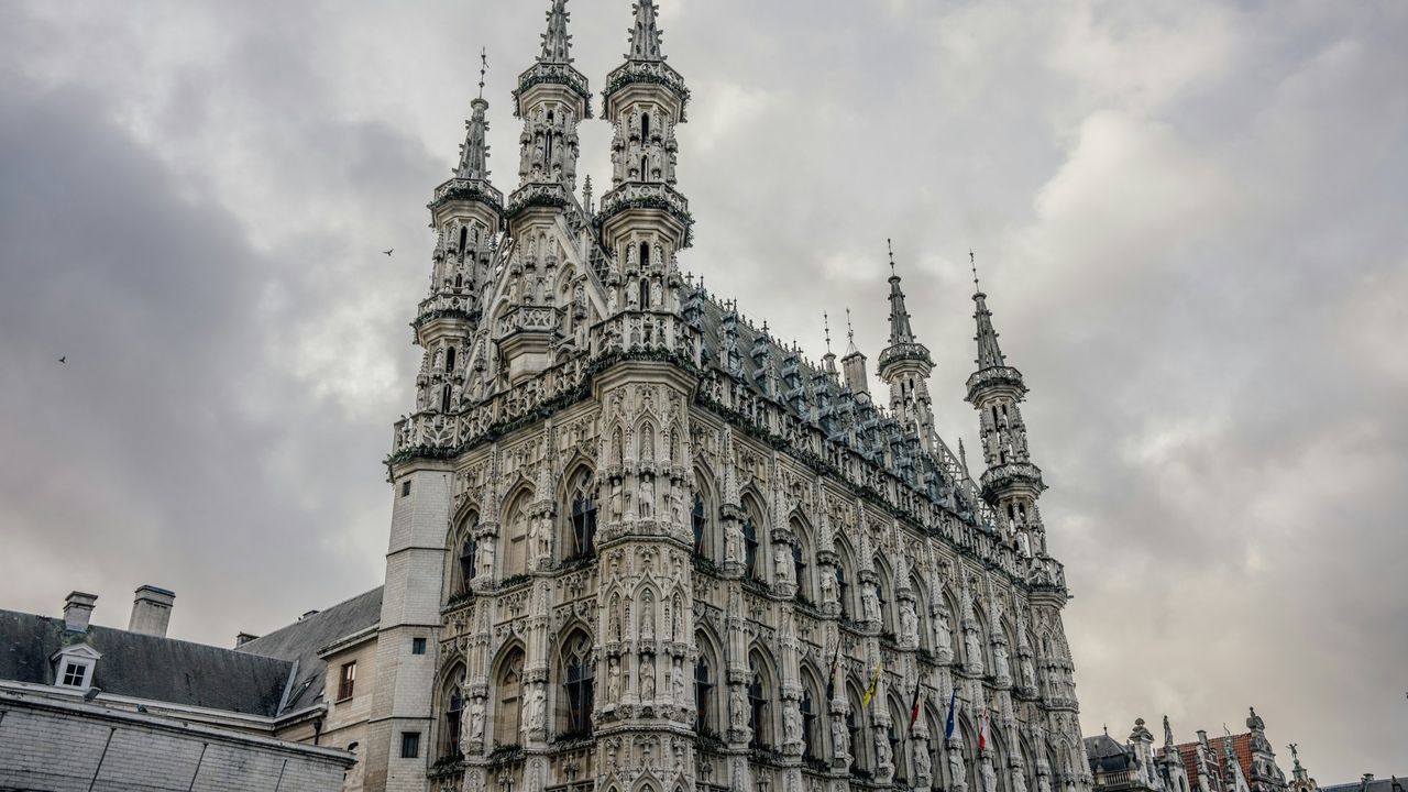 Vue sur la Grand-Place de Louvain avec l'hôtel de ville gothique flamboyant et ses nombreuses niches sculptées