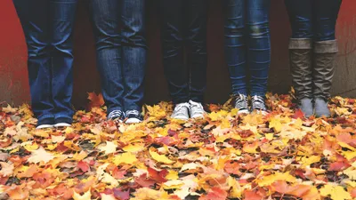 Four people standing side by side against a red wall in jeans, trainers and boots, photographed from the knees down on a pavement thickly covered with yellow and orange autumn leaves.
