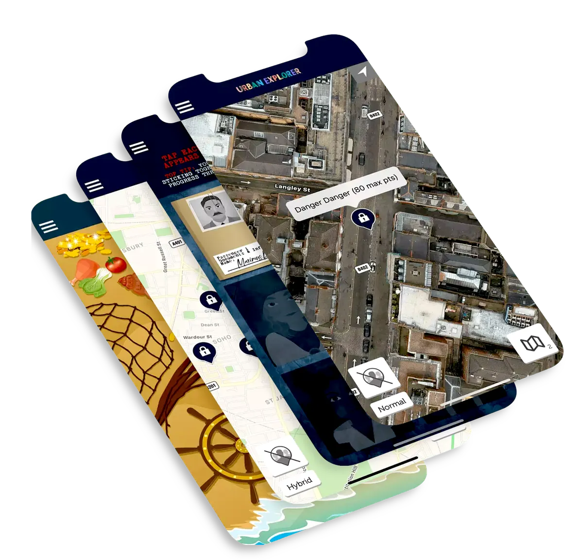 Captures d'écran présentant une variété de jeux Wildgoose dans l'application Mobile Adventures.