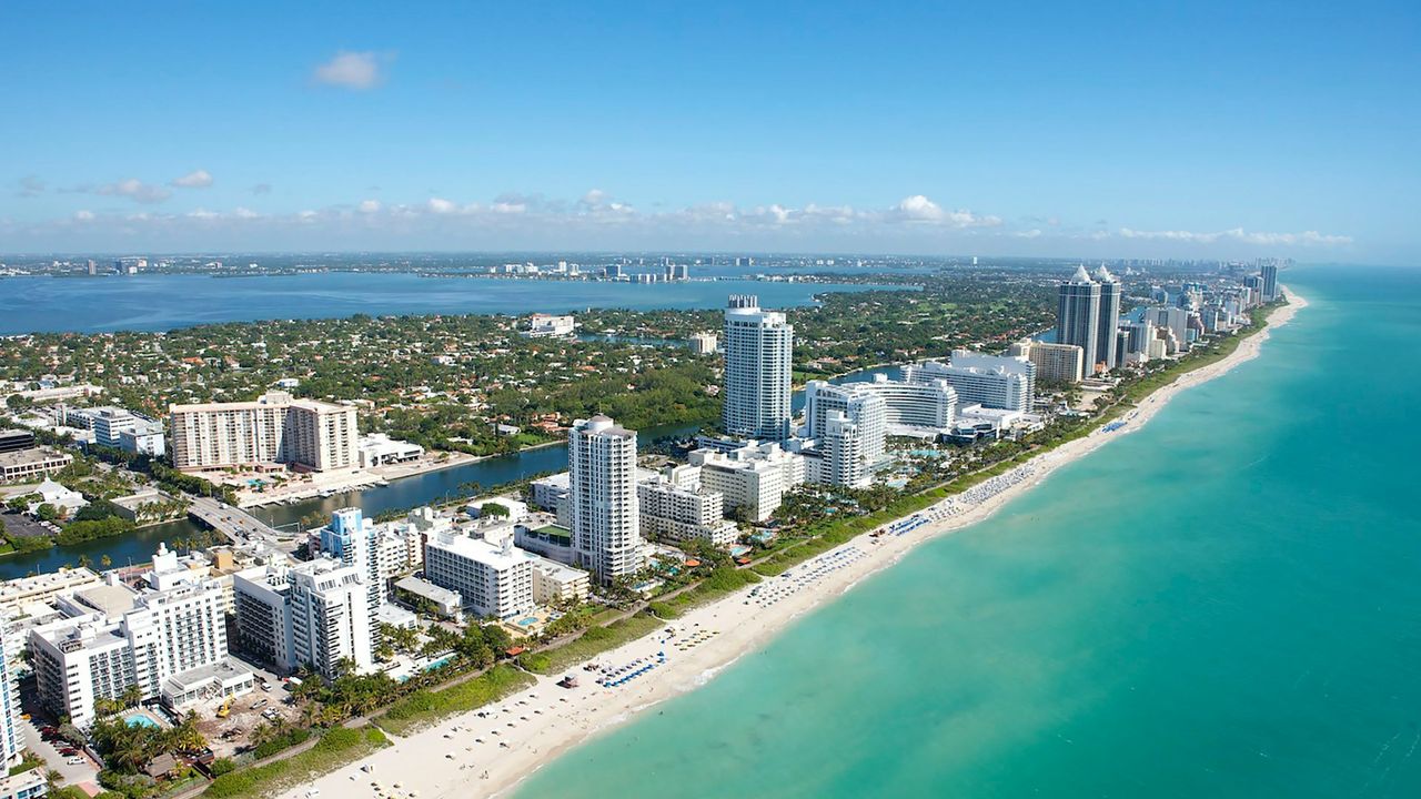 Aerial view of Miami Beach coastline and turquoise ocean
